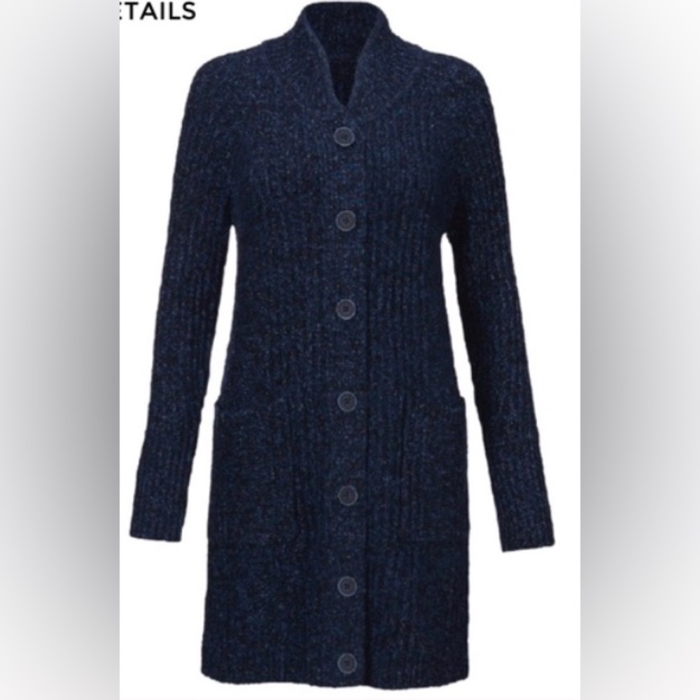 Cabi Trail Cardigan Cable Knit Speckled Long Line Small Blue Fall Cozy Academia